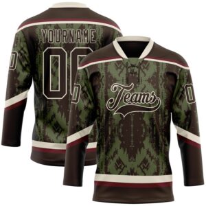 Custom Olive Brown Cream-Burgundy 3D Pattern Tribal Indigenous Grunge Splash Hockey Lace Neck Jersey