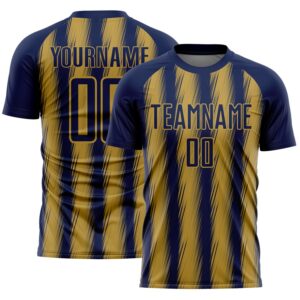 Custom Navy Old Gold Vertical Brush Stroke Stripes Sublimation Soccer Uniform Jersey